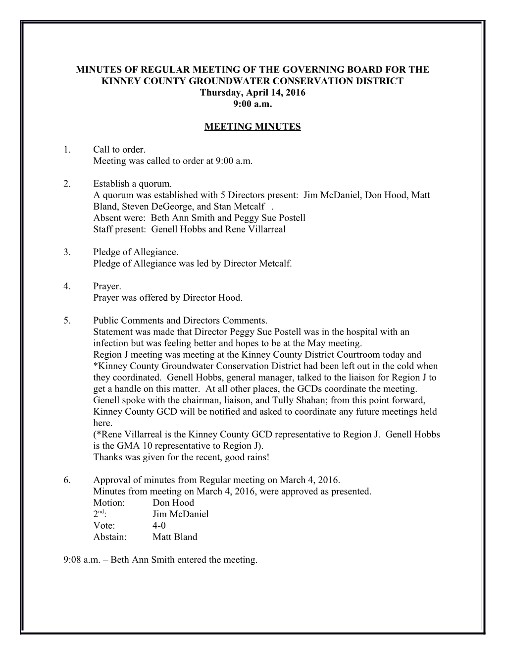 Minutes of Regular Meeting of the Governing Board for the Kinney County Groundwater