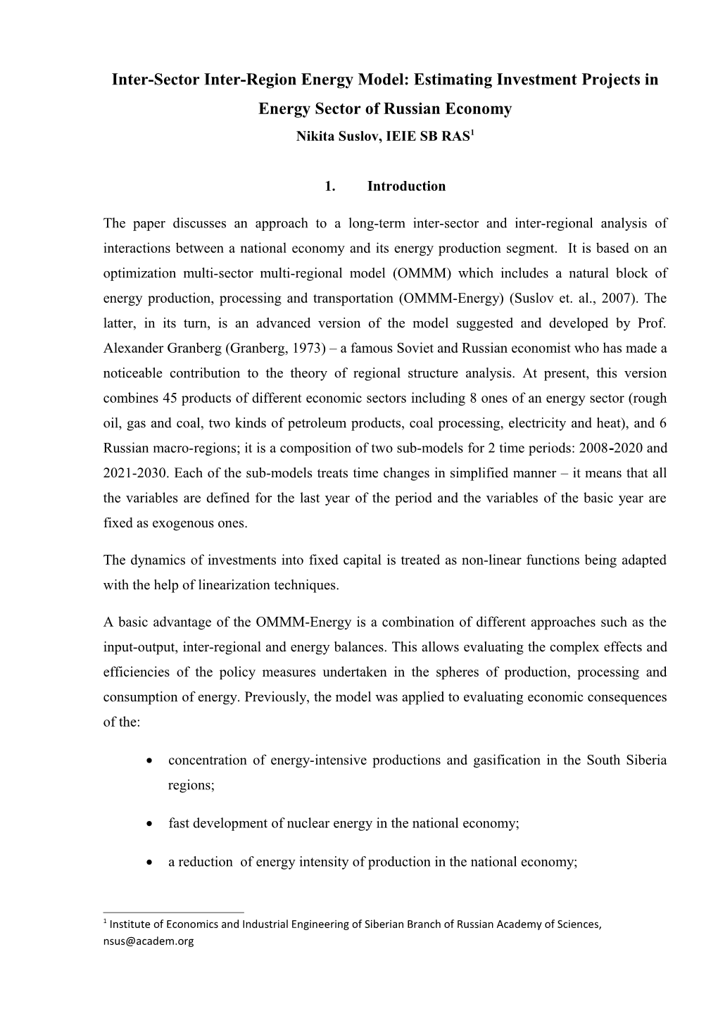 Inter-Sector Inter-Region Energy Model: Estimating Investment Projects in Energy Sector