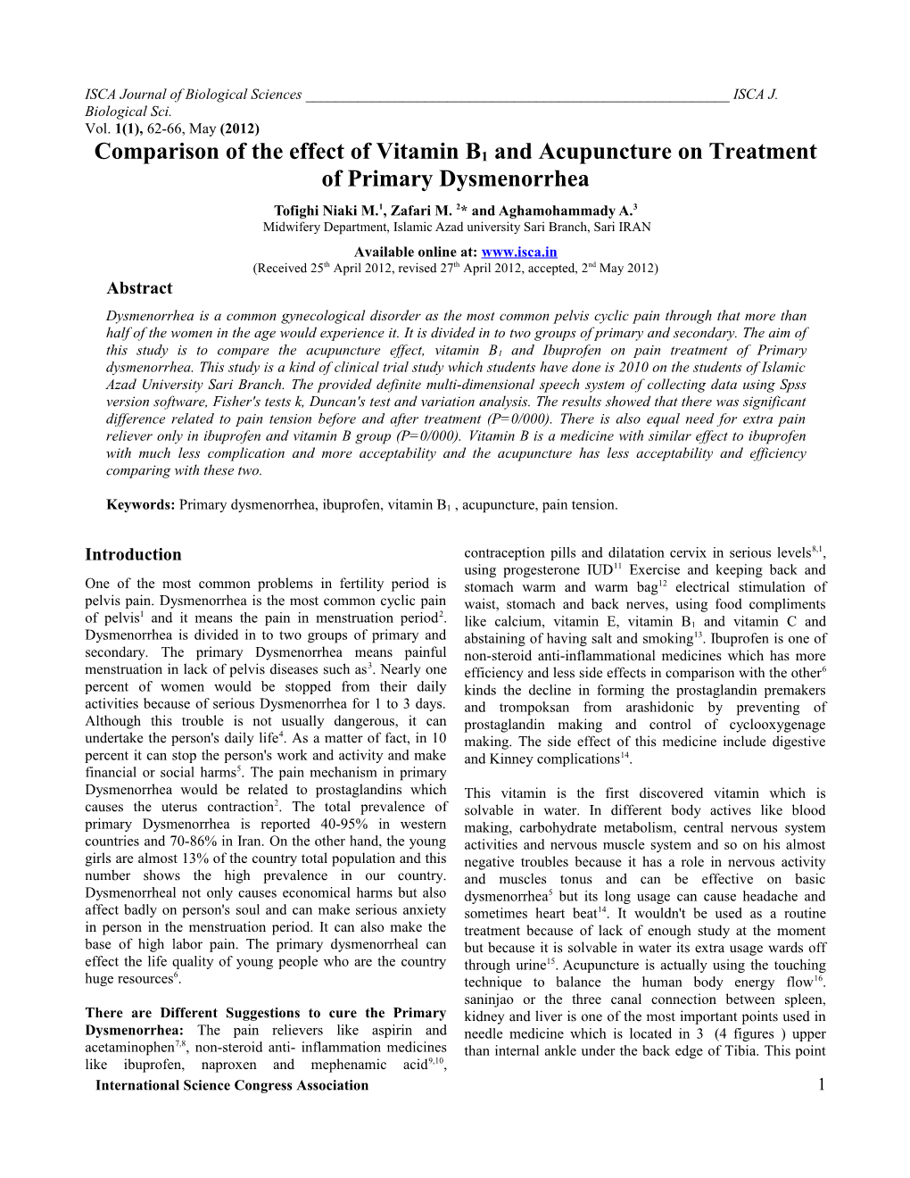 Comparison of the Effect of Vitaminb1and Acupuncture on Treatment of Primary Dysmenorrhea