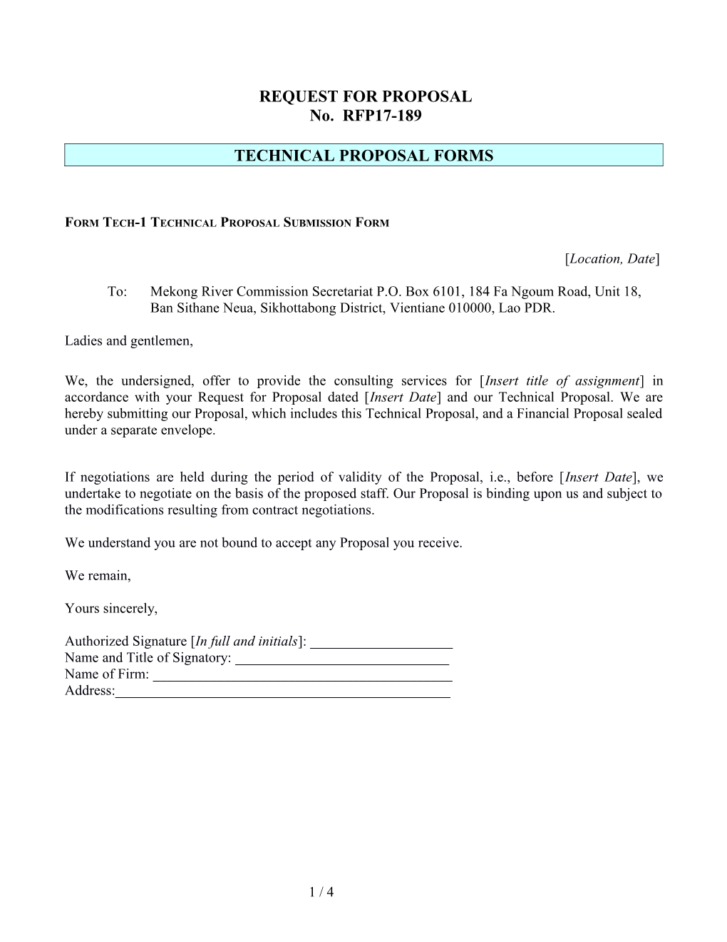 Form Tech-1 Technical Proposal Submission Form