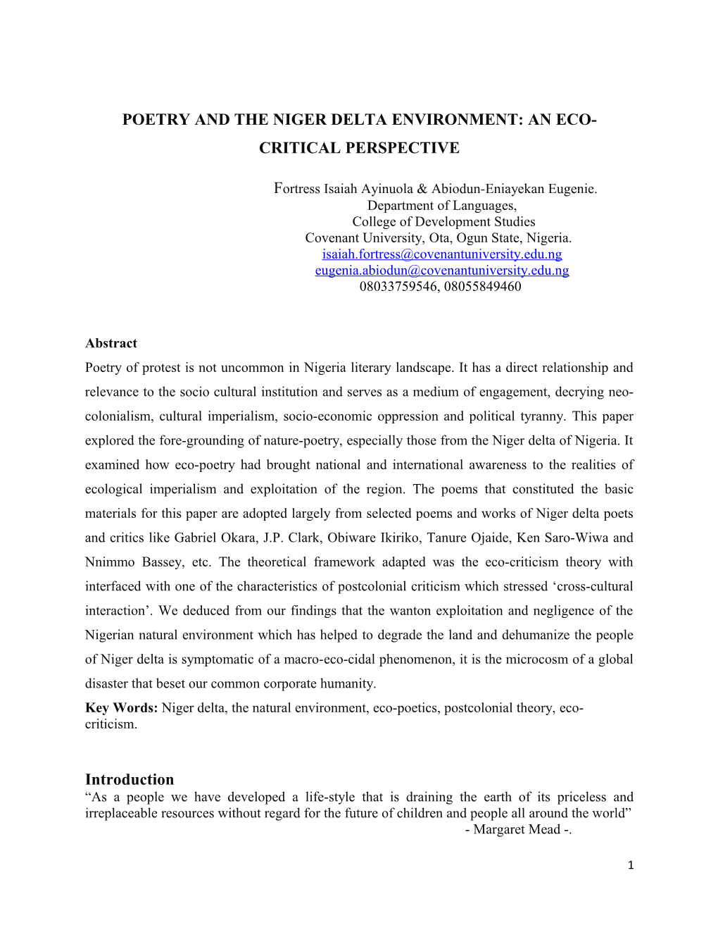 Poetry and the Niger Delta Environment: an Eco-Critical Perspective