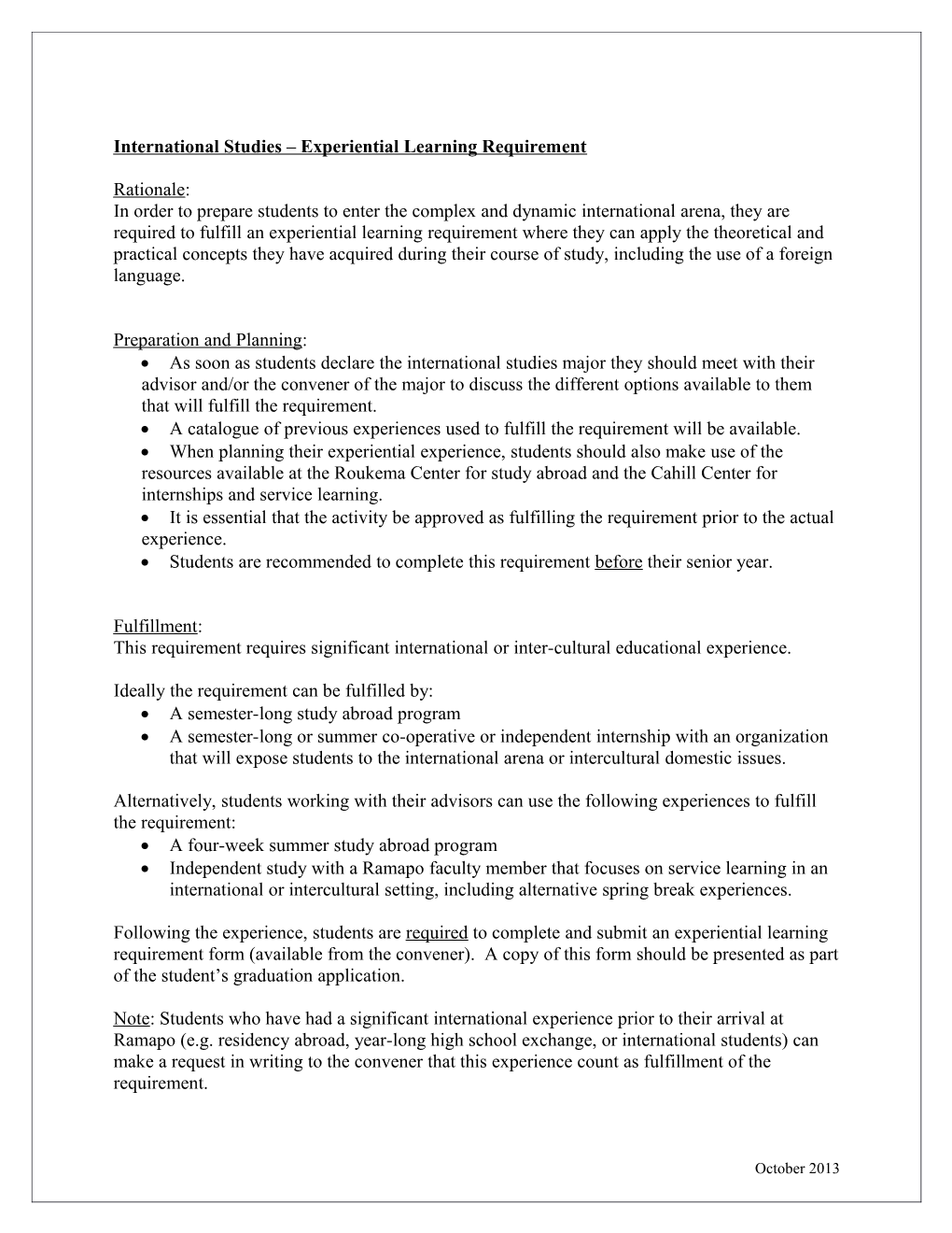 International Studies Experiential Learning Requirement