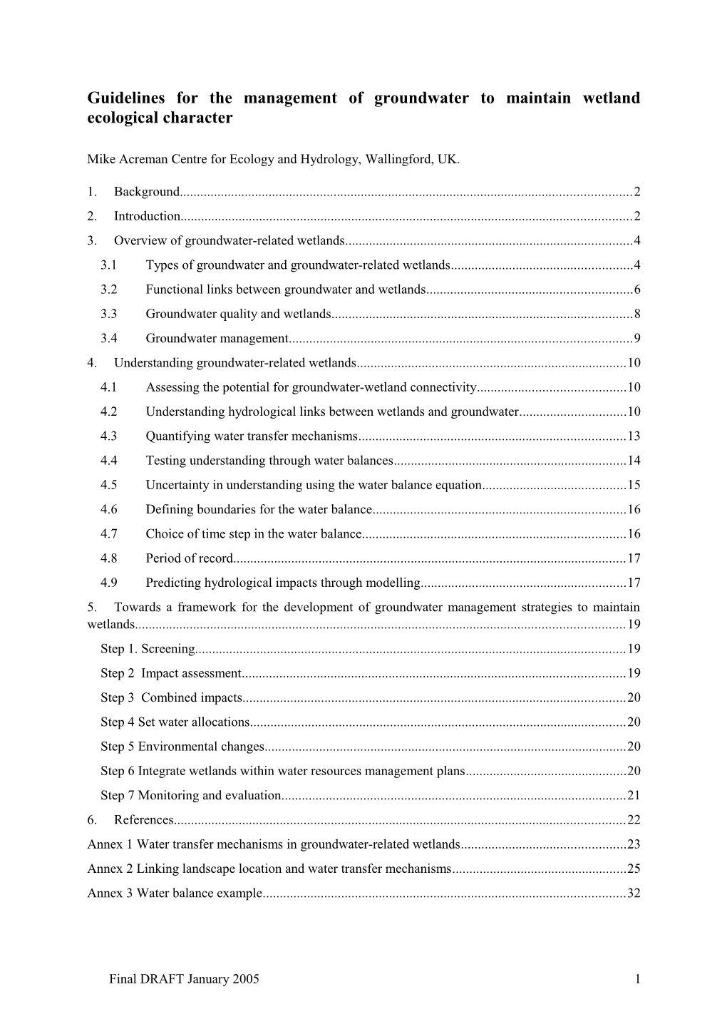 Guidelines for the Management of Groundwater to Maintain Wetland Ecosystem Functions