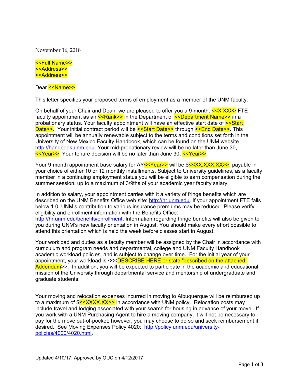 This Letter Specifies Your Proposed Terms of Employment As a Member of the UNM Faculty