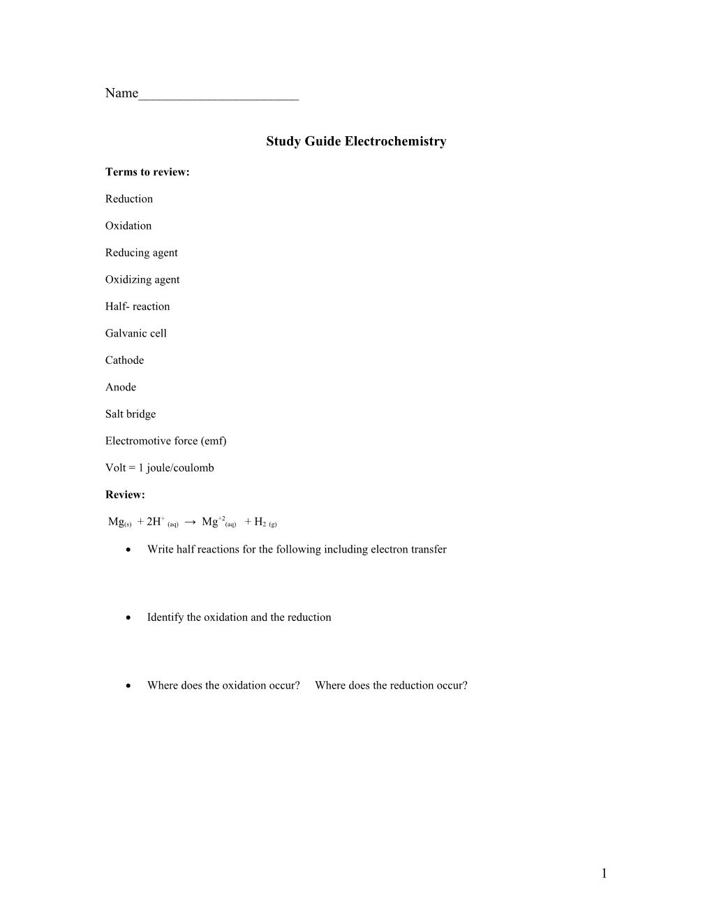 Study Guide Electrochemistry