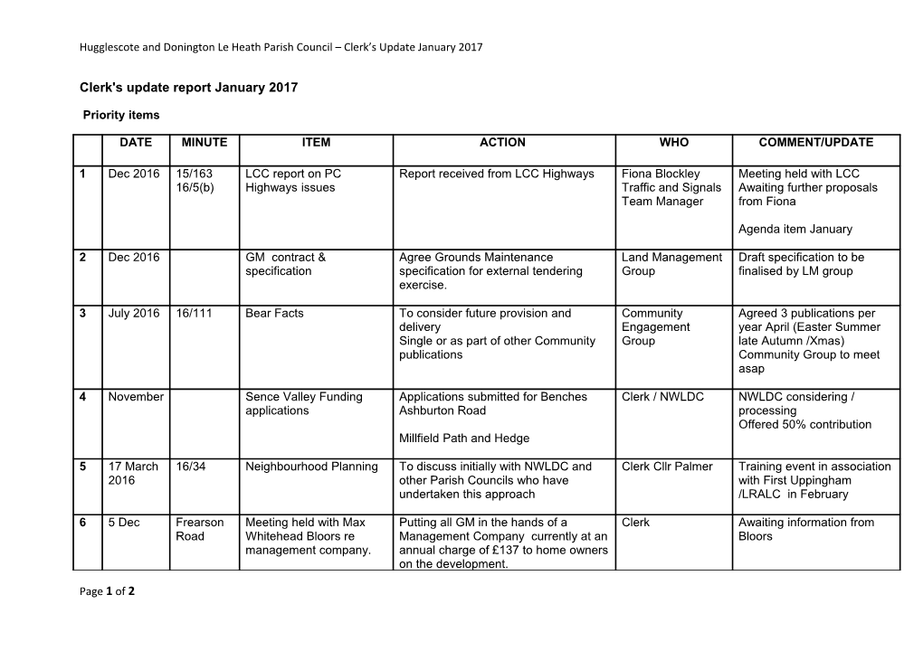 Hugglescote and Donington Le Heath Parish Council Clerk S Update January 2017