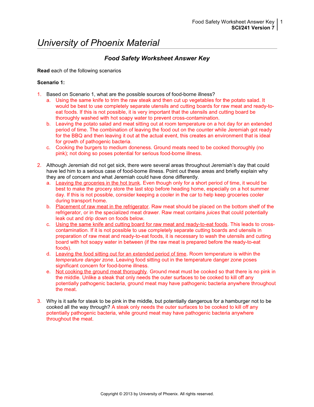 Food Safety Worksheet Answer Key