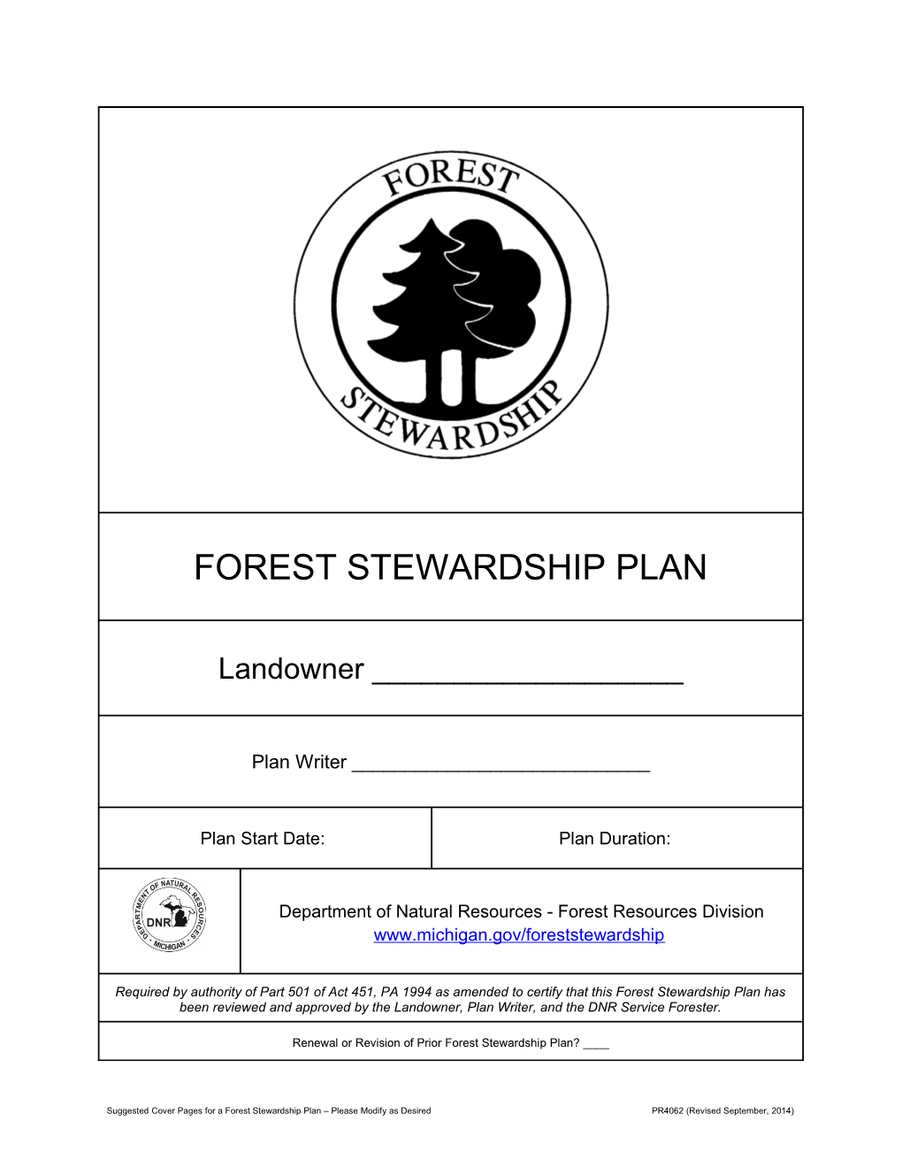 Suggested Cover Pages for a Forest Stewardship Plan Please Modify As Desired PR4062 (Revised
