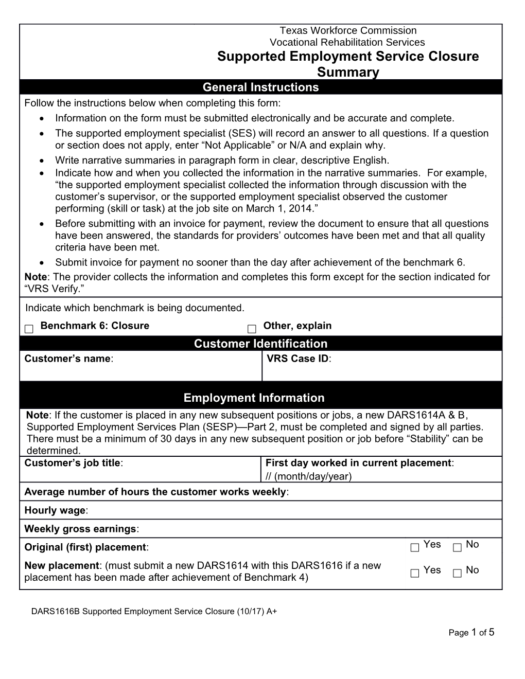 DARS1616B Supported Employment Service Closure Summary