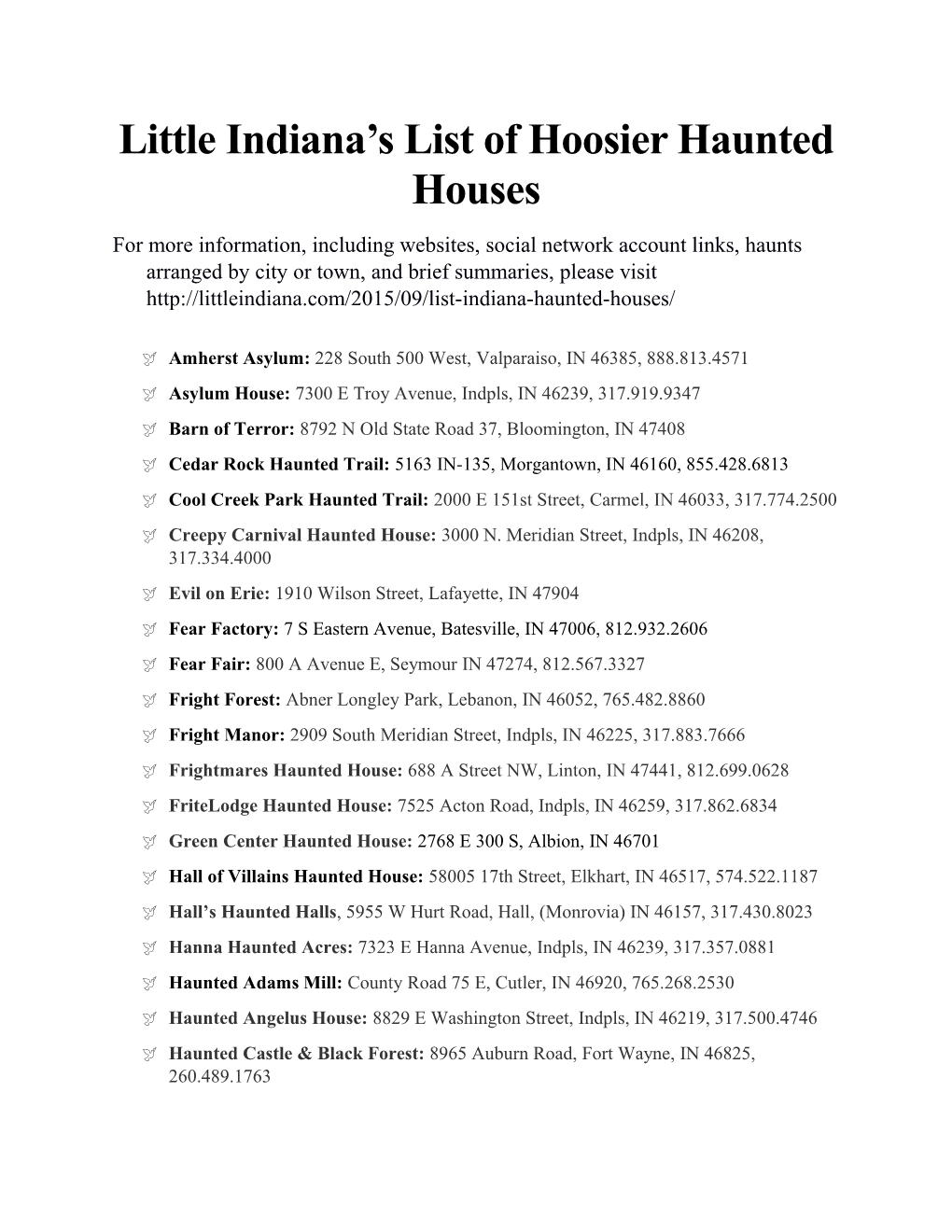 Little Indiana S List of Hoosier Haunted Houses