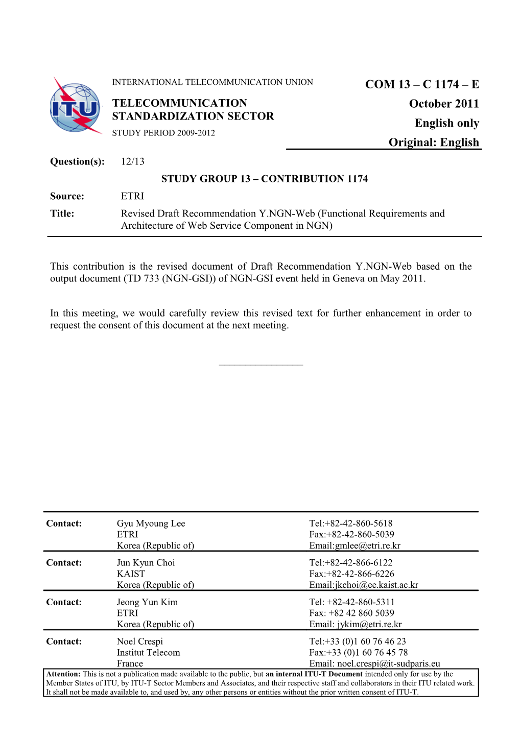 Revised Draft Recommendation Y.NGN-Web (Functional Requirements and Architecture of Web