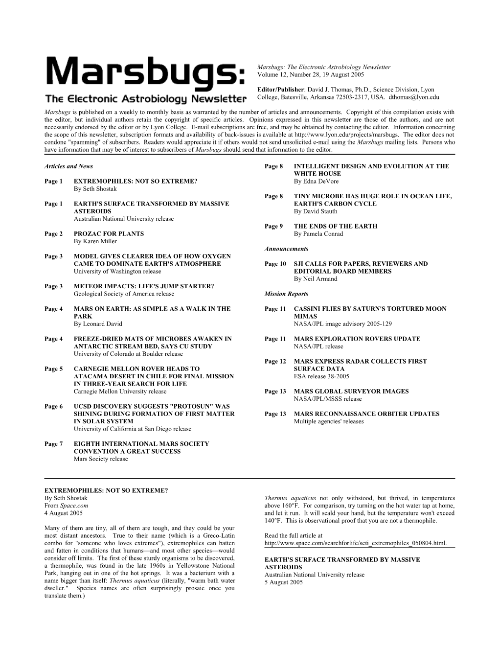 Marsbugs: the Electronic Astrobiology Newsletter , Volume 12, Number 28, 19 August 2005