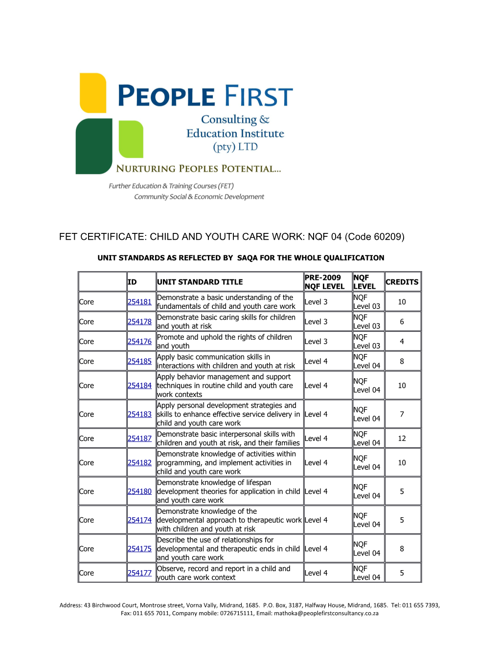 FET CERTIFICATE: CHILD and YOUTH CARE WORK: NQF 04 (Code 60209)