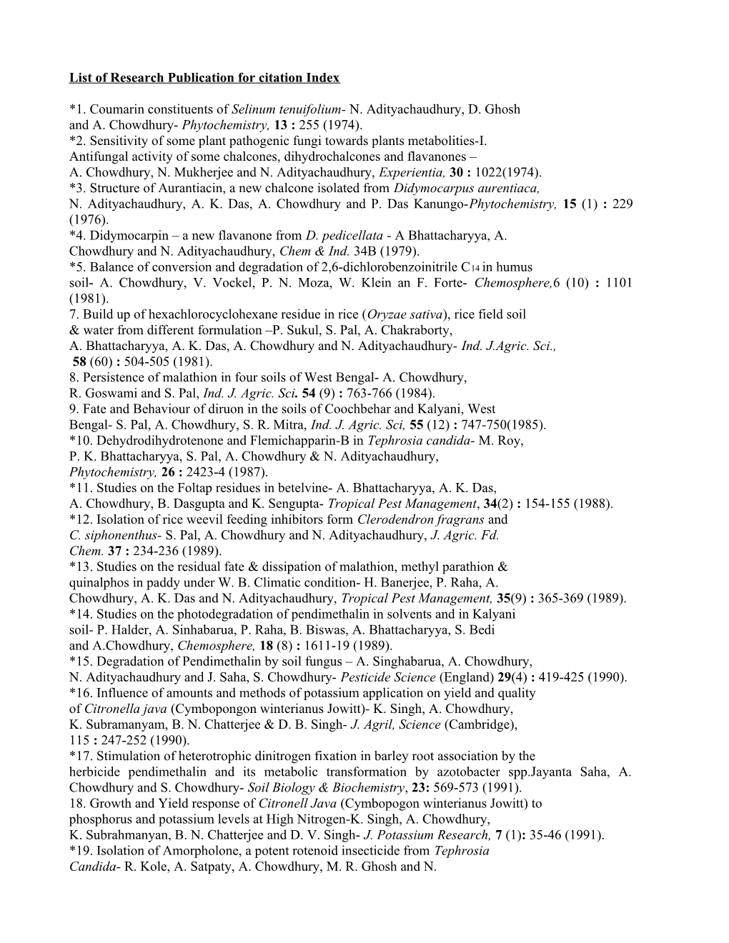 List of Research Publication for Citation Index