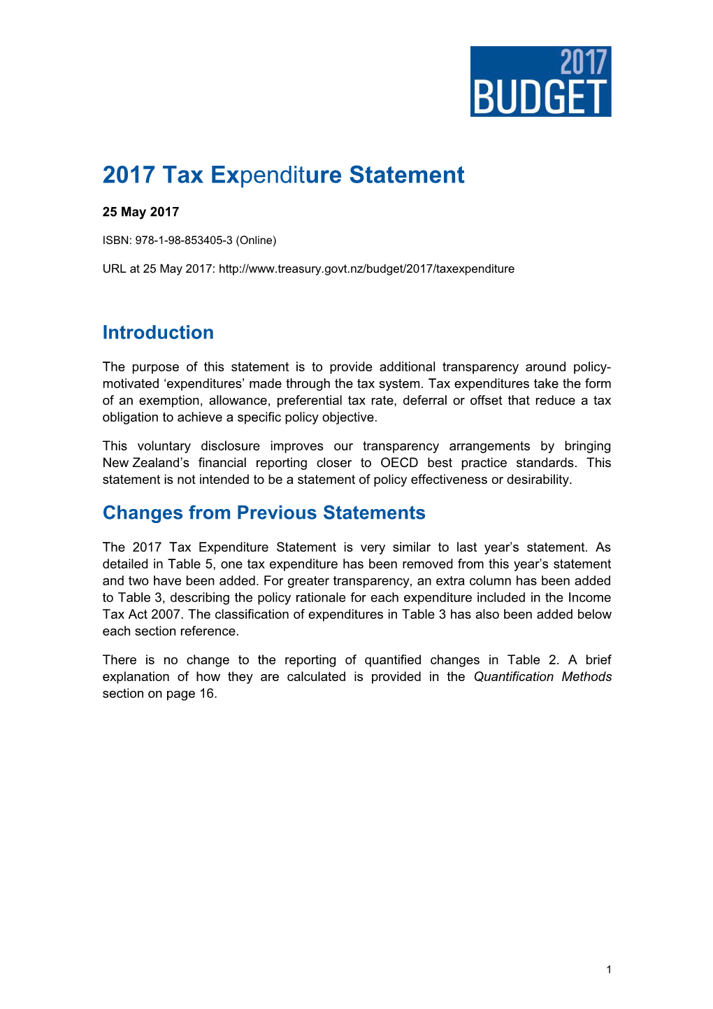 2017 Tax Expenditure Statement - 25 May 2017 - Budget 2017