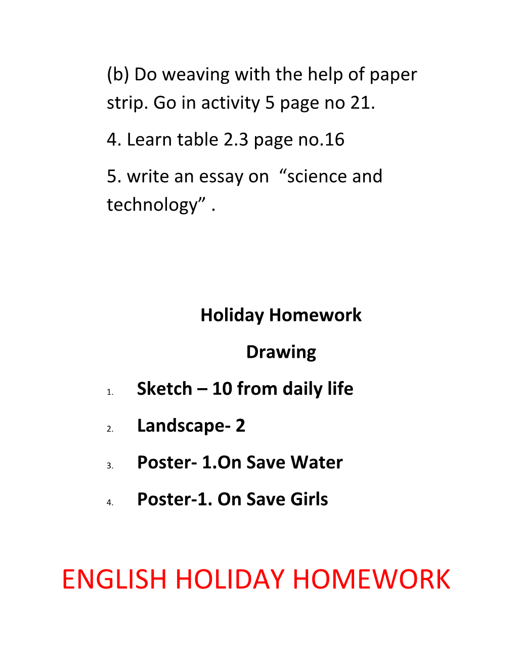Summer Break Holiday Homework