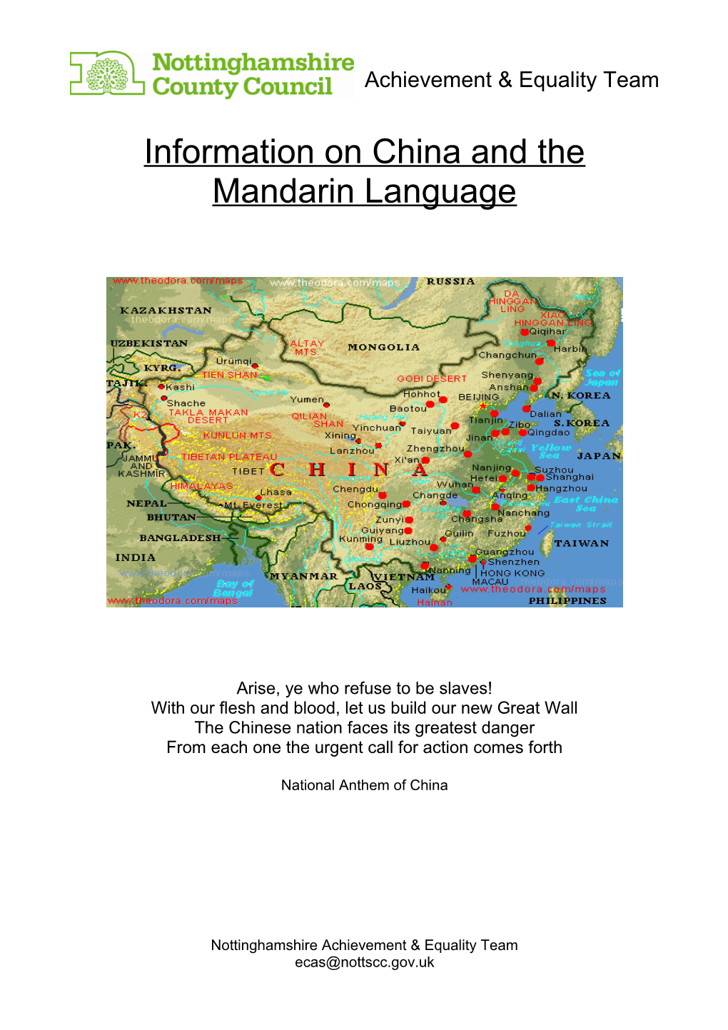 Information on China and the Mandarin Language