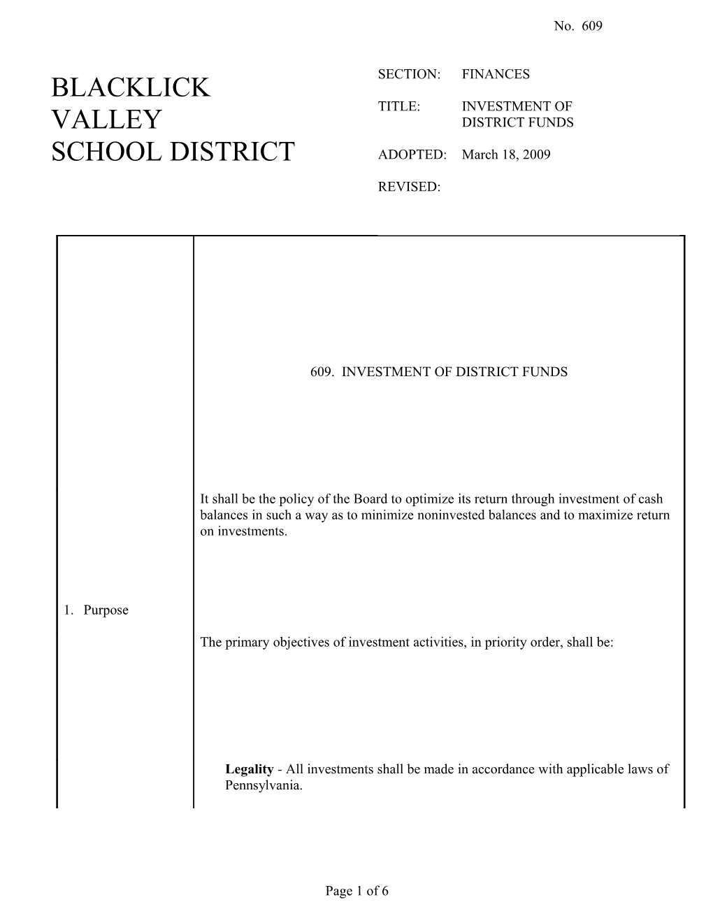 609. INVESTMENT of DISTRICT FUNDS - Pg. 1