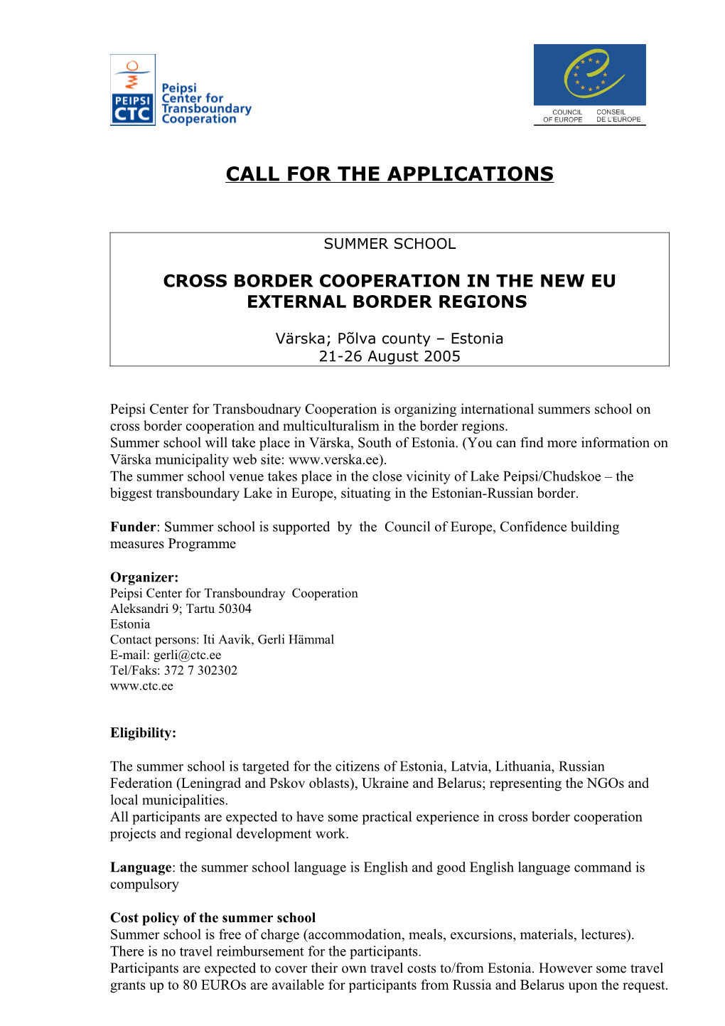 Call for the Applications