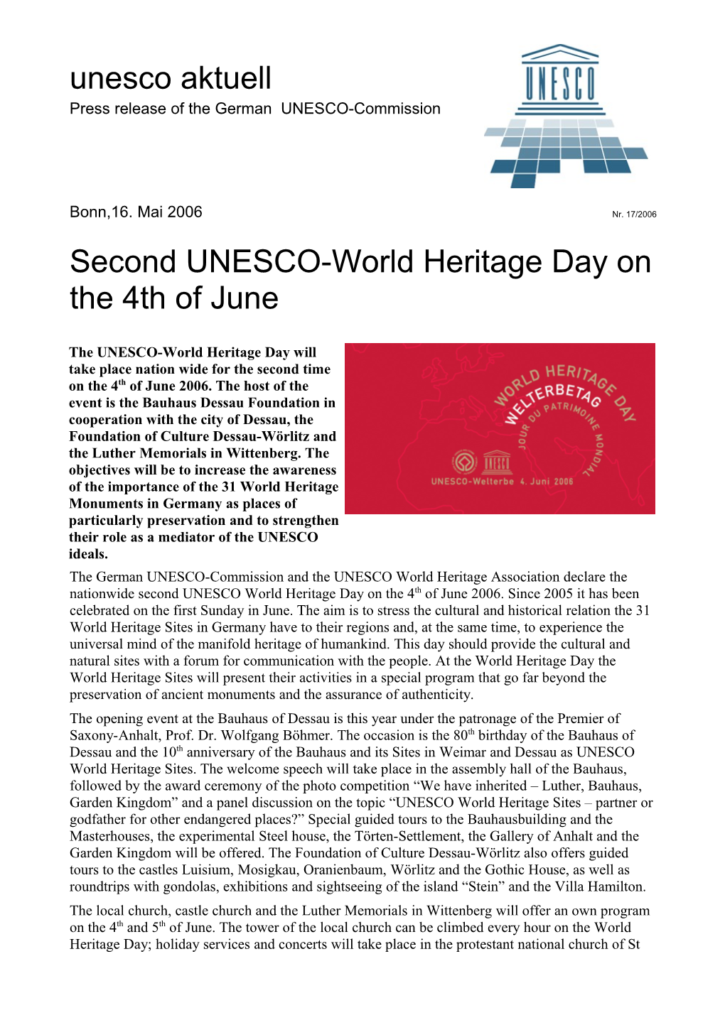 Zweiter Unesco-Welterbetag