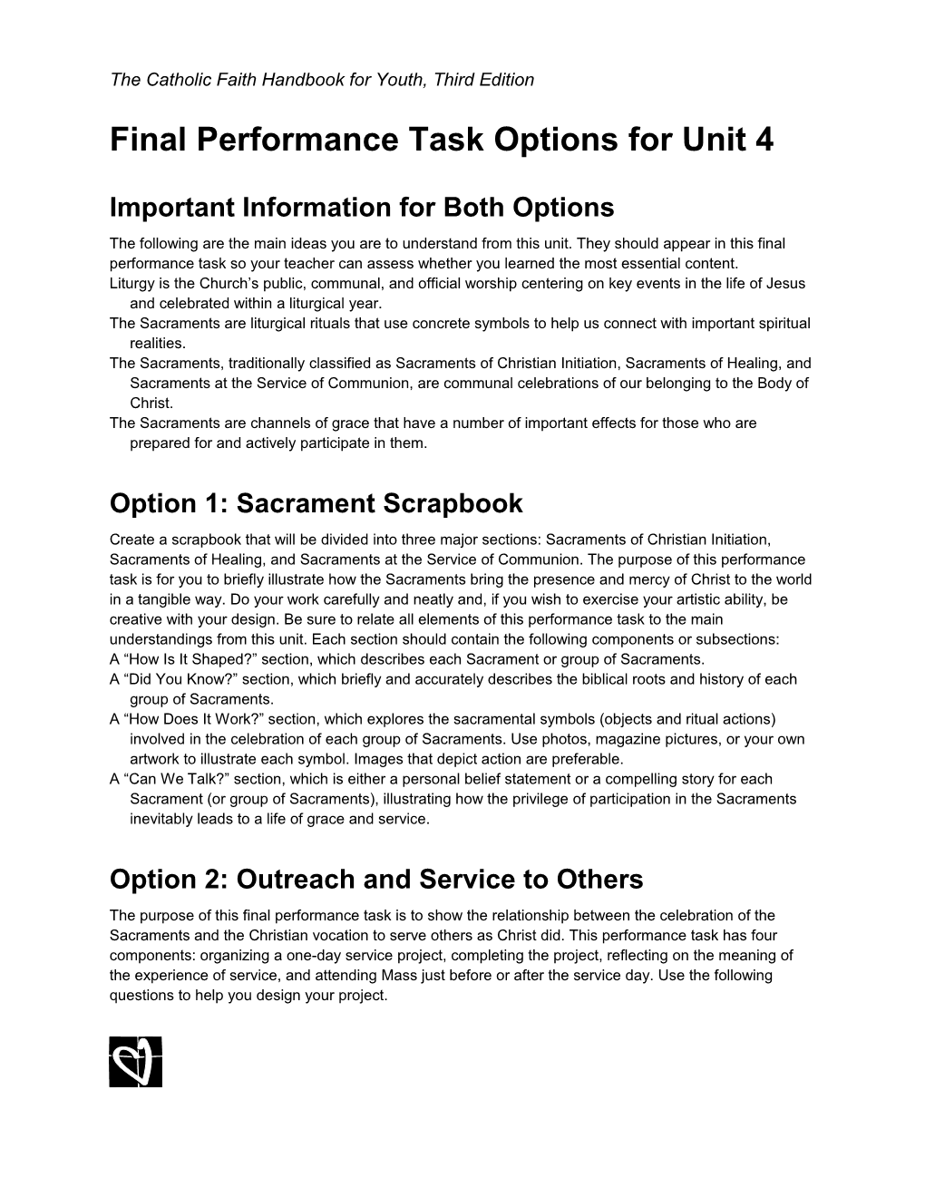 Final Performance Task Options for Unit 4