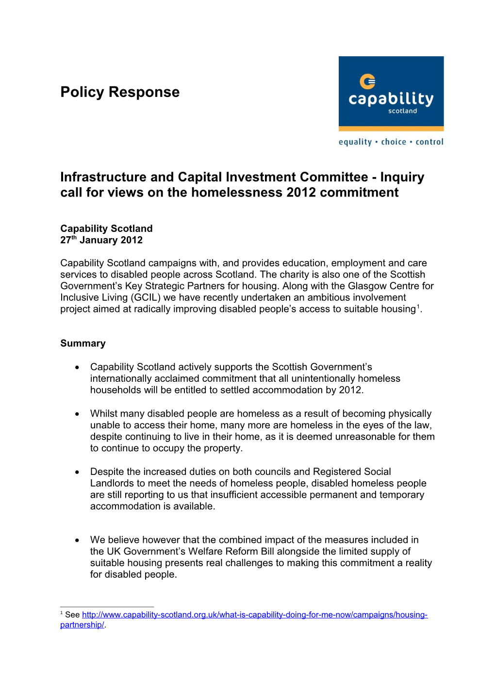 Infrastructure and Capital Investment Committee - Inquiry Call for Views on the Homelessness