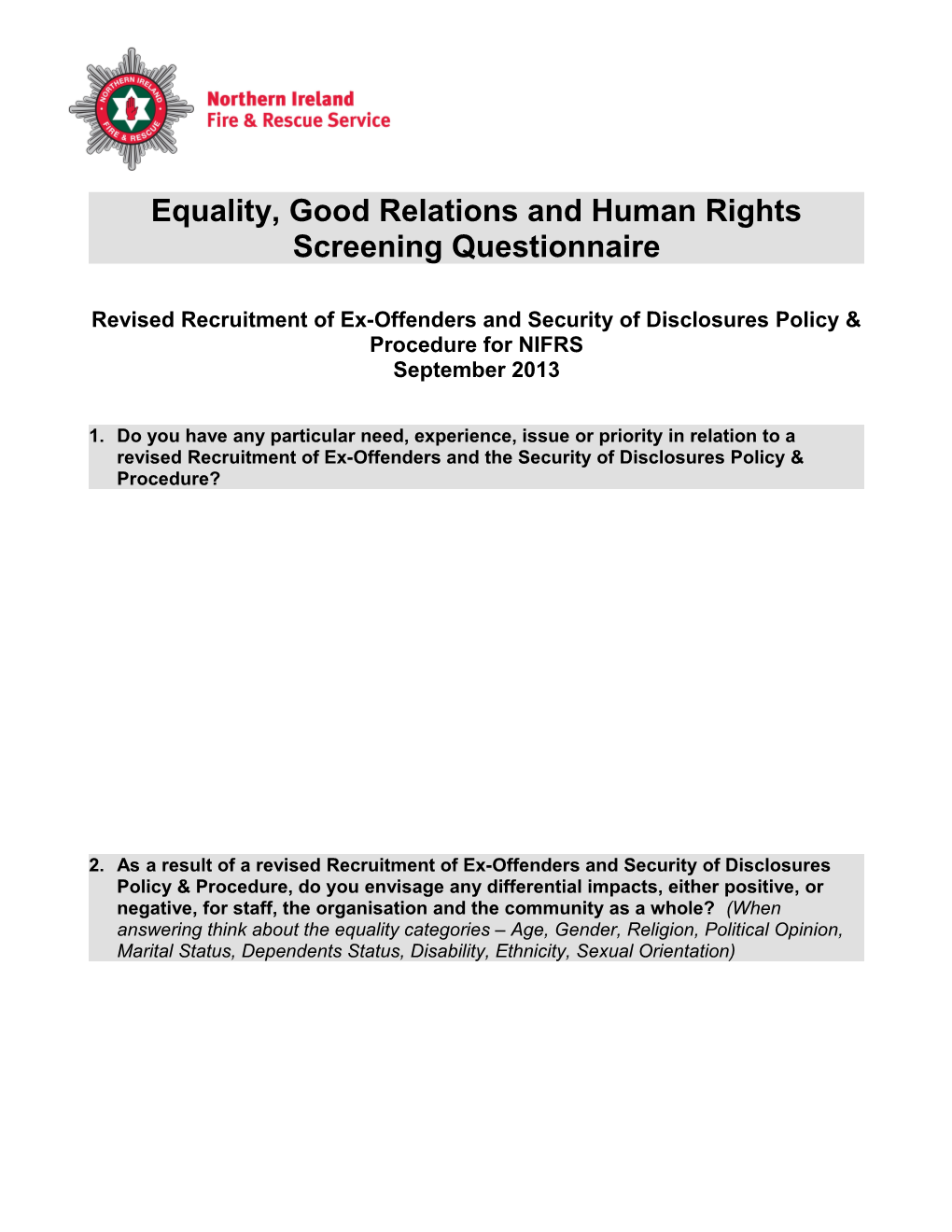 Equality, Good Relations and Human Rightsscreening Questionnaire