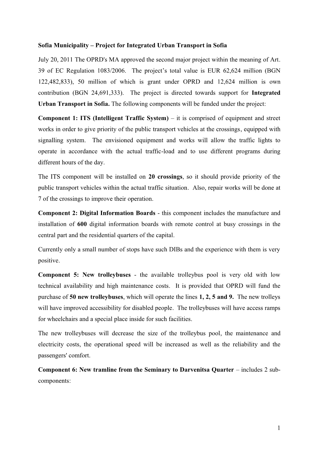 Sofia Municipality Project for Integrated Urban Transport in Sofia