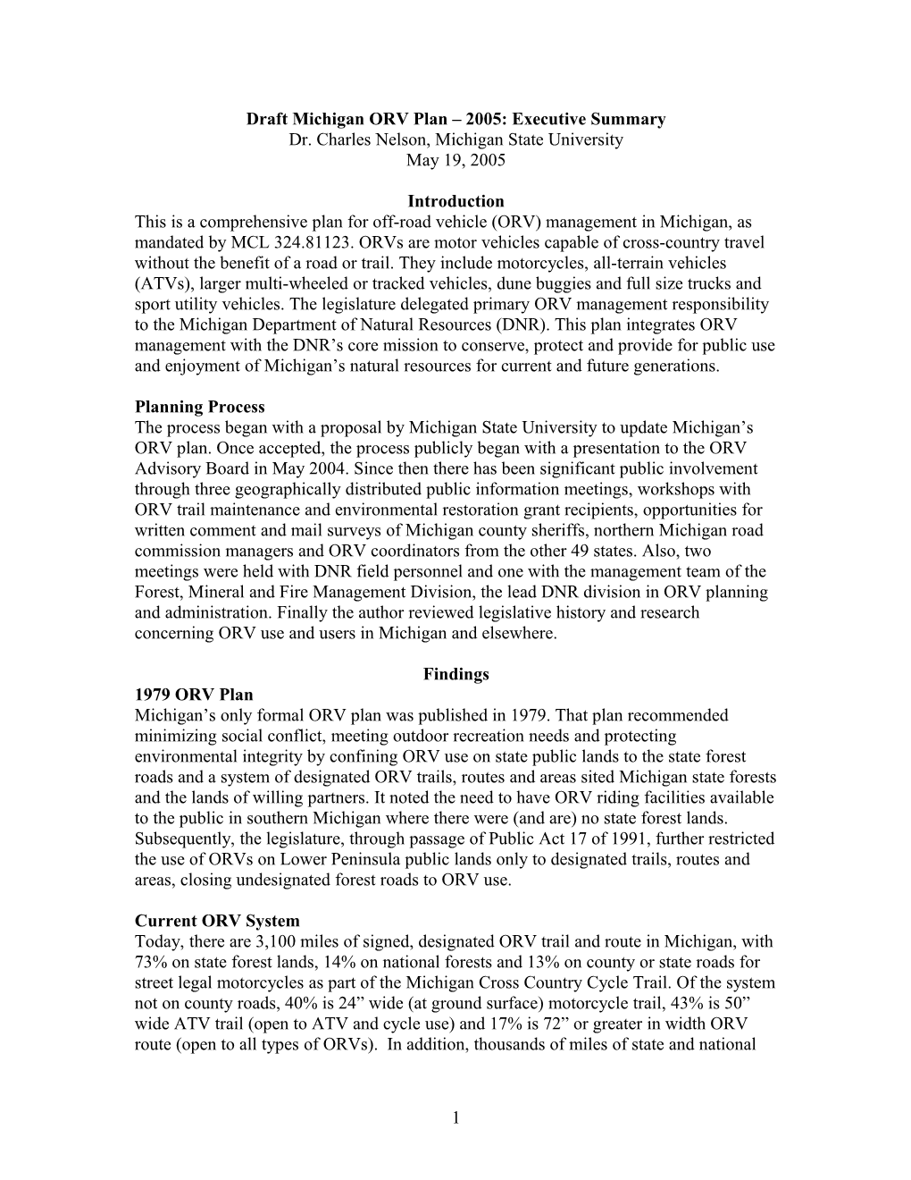 Draft ORV Plan 2005 Executive Summary