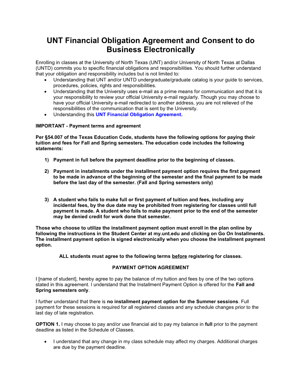 UNT Financial Obligation Agreement and Consent to Do Business Electronically