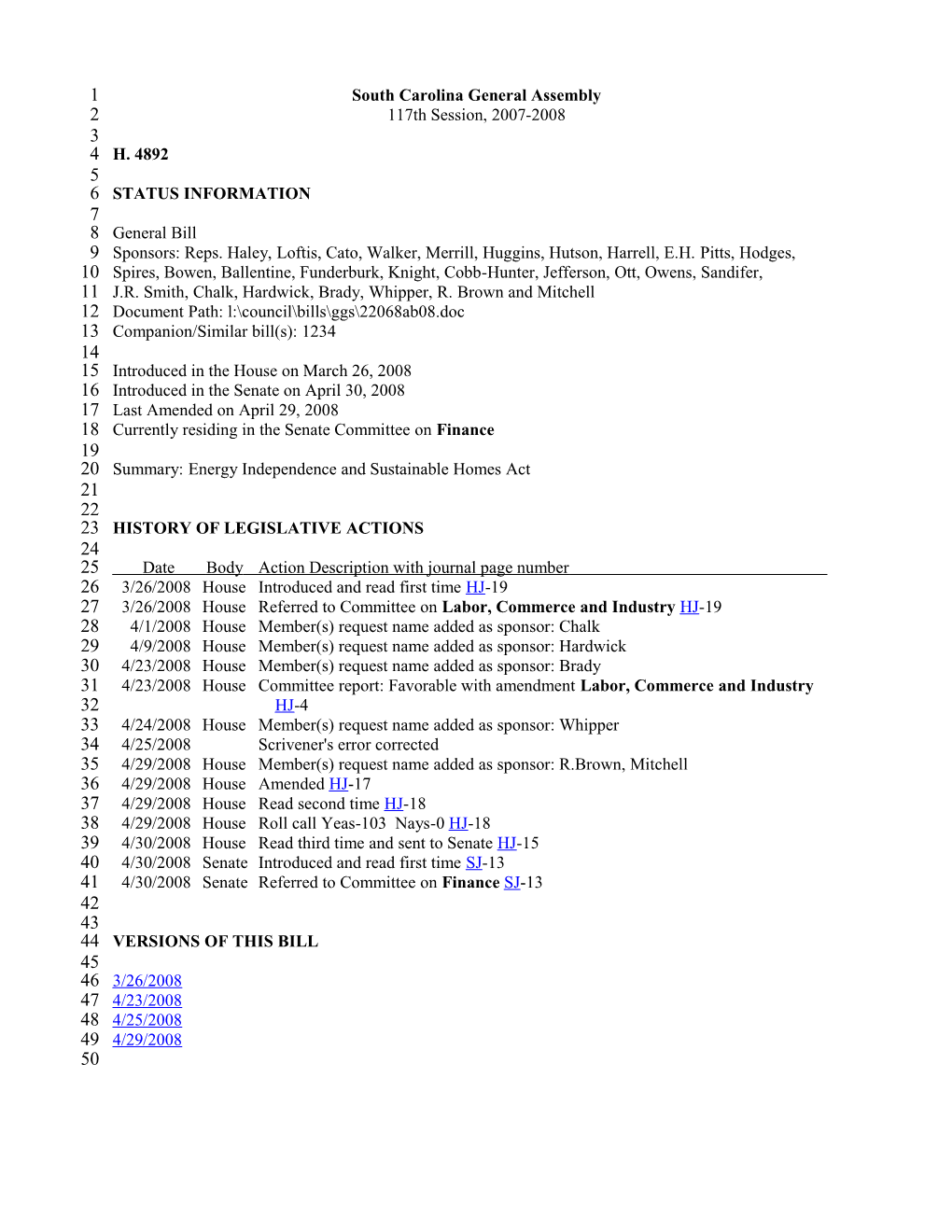 2007-2008 Bill 4892: Energy Independence and Sustainable Homes Act - South Carolina Legislature