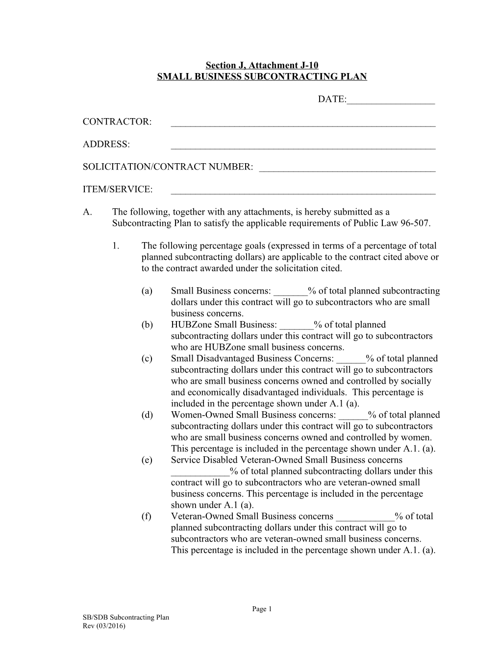 SB/SDB Subcontracting Plan