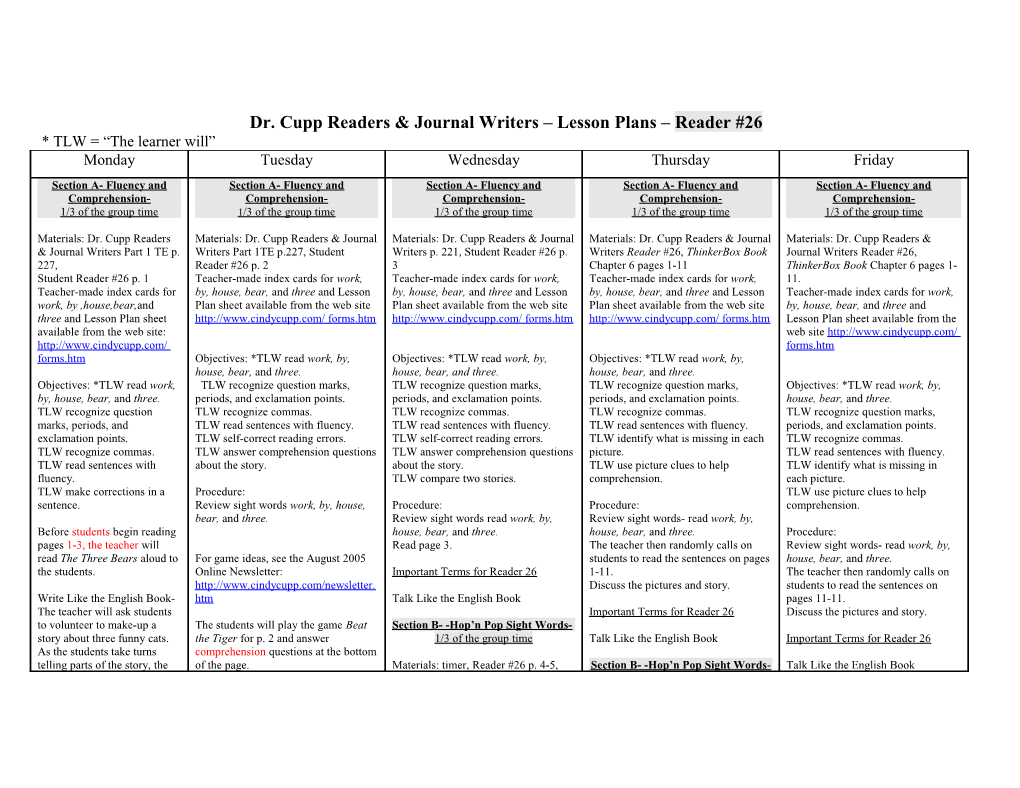 Dr. Cupp Readers & Journal Writers Lesson Plans Reader #26