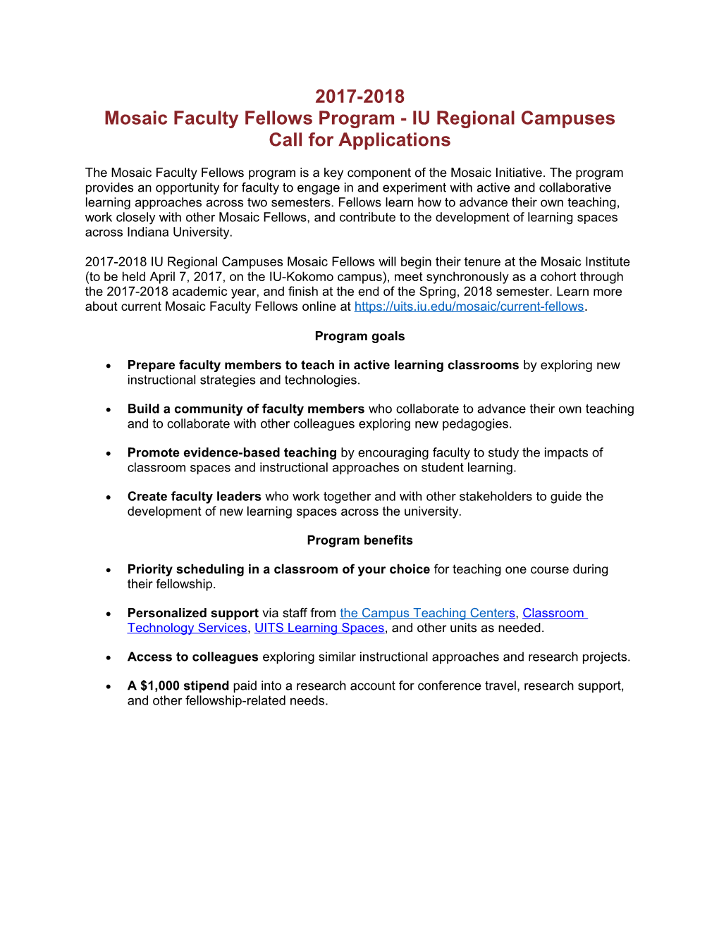 Mosaic Faculty Fellows Program - IU Regional Campuses