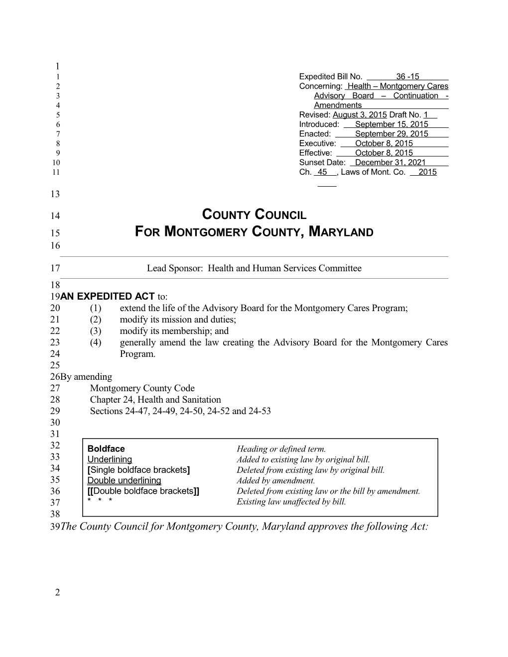 Concerning: Health Montgomery Cares Advisory Board Continuation - Amendments