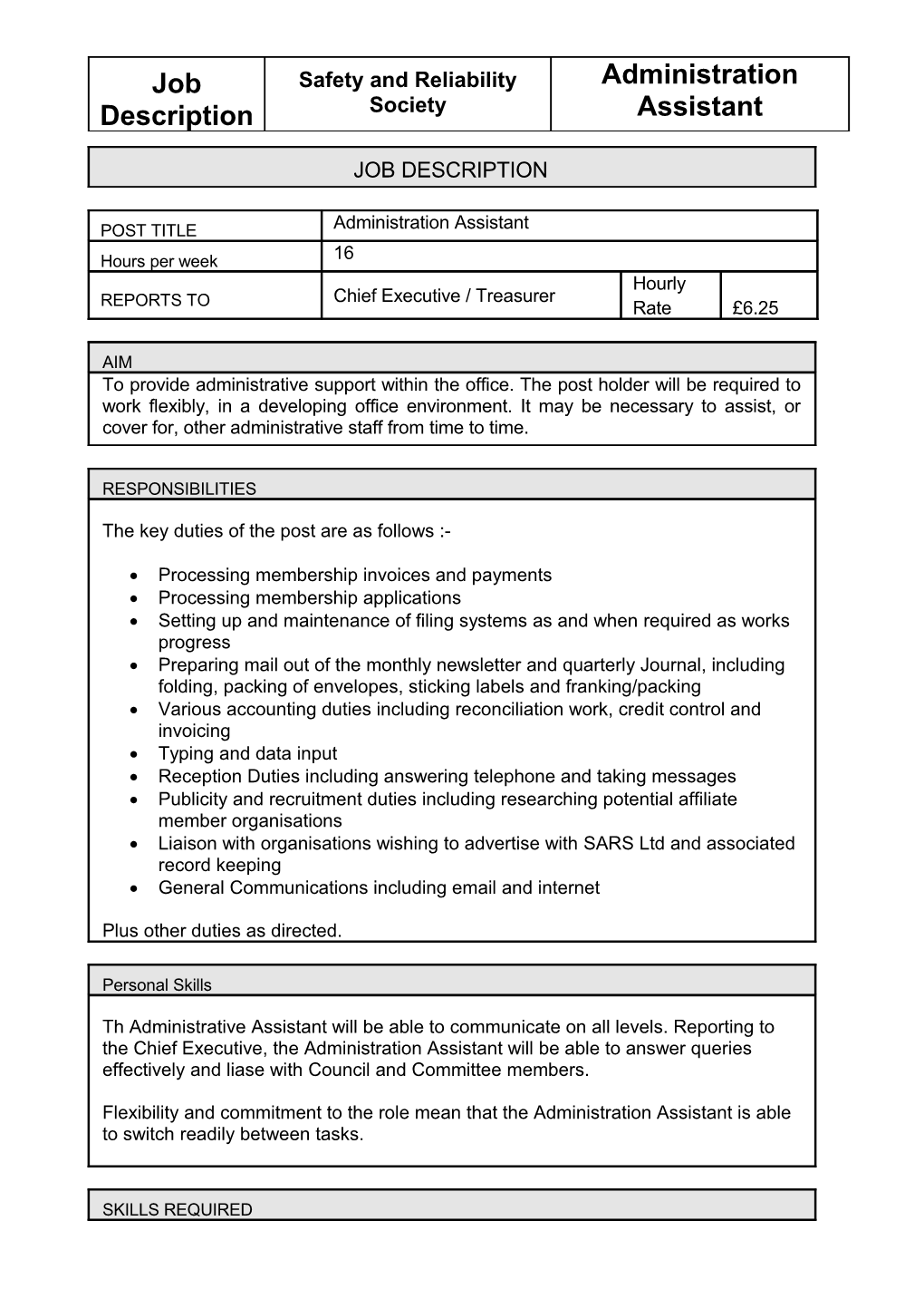 Speciment Job Description: Admin Assistant