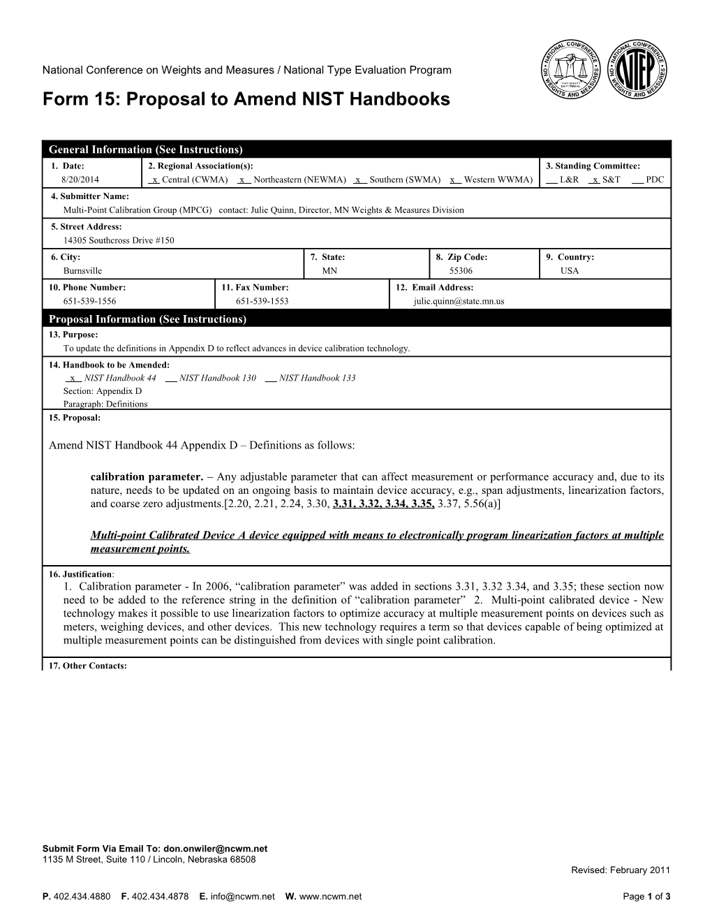 Form 15: Proposal to Amend NIST Handbooks