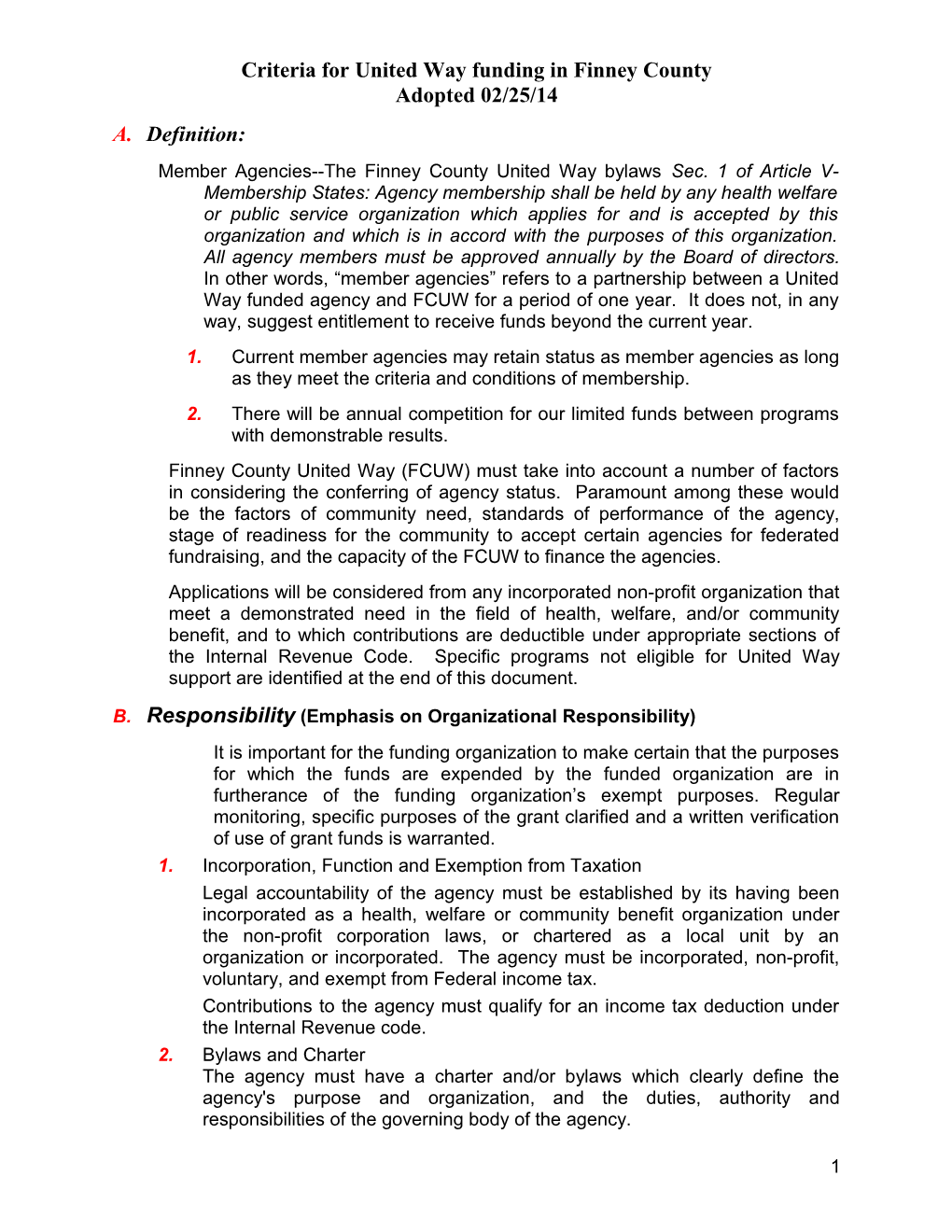 Criteria for United Way Funding in Finney County