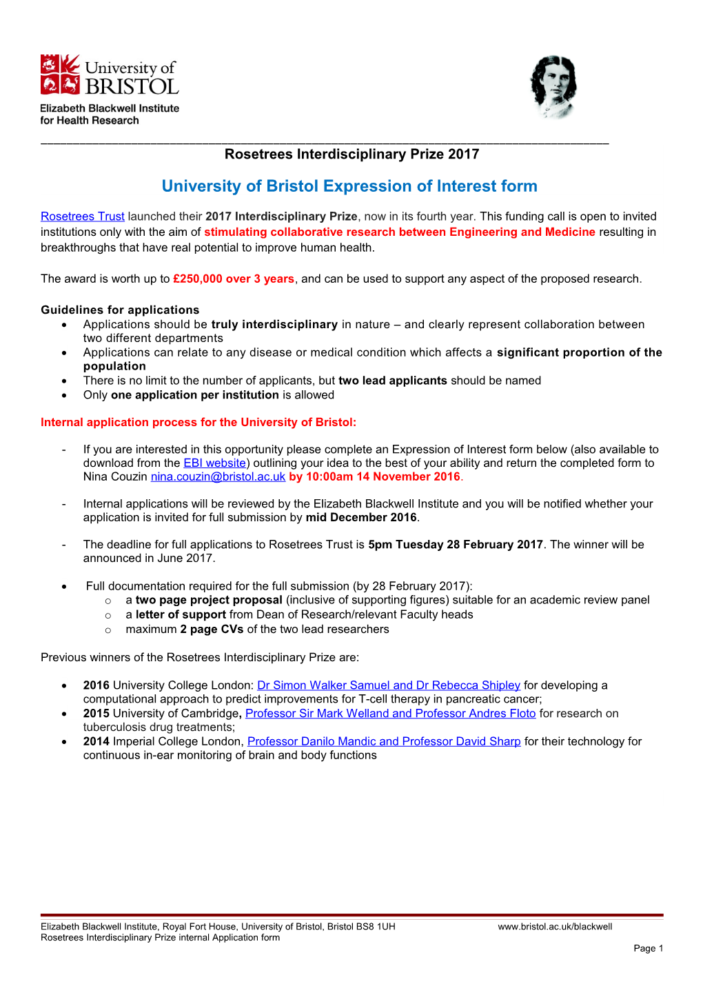 University of Bristol Expression of Interest Form
