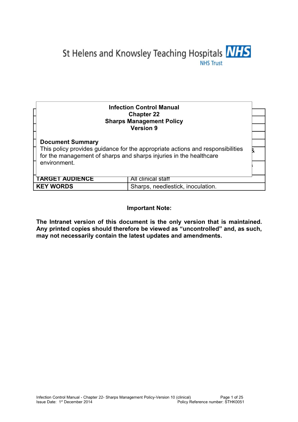 Infection Control Manual - Chapter 22- Sharps Management Policy-Version 10(Clinical) Page