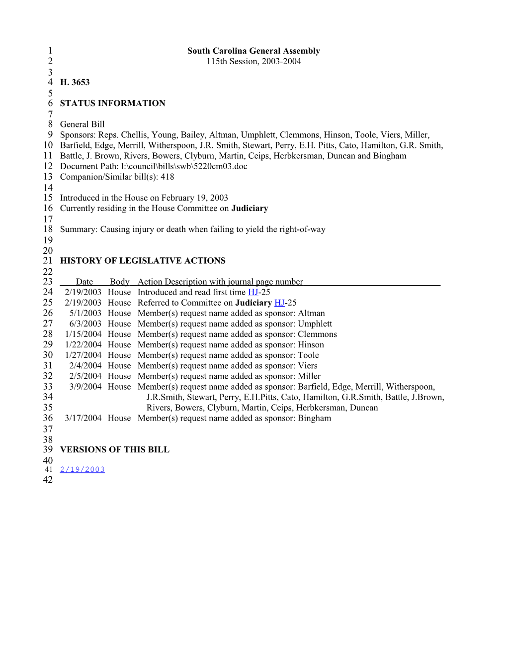 2003-2004 Bill 3653: Causing Injury Or Death When Failing to Yield the Right-Of-Way - South