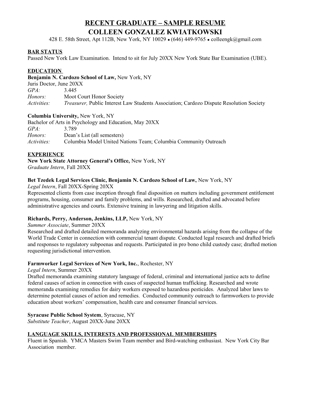 Recent Graduate Sample Resume