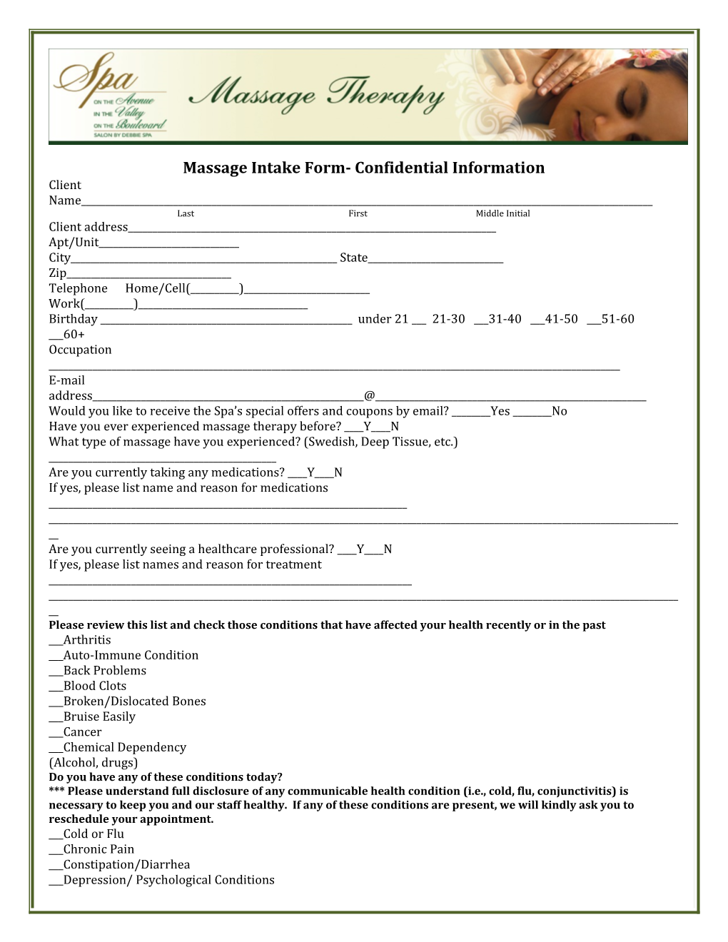 Massage Intake Form- Confidential Information