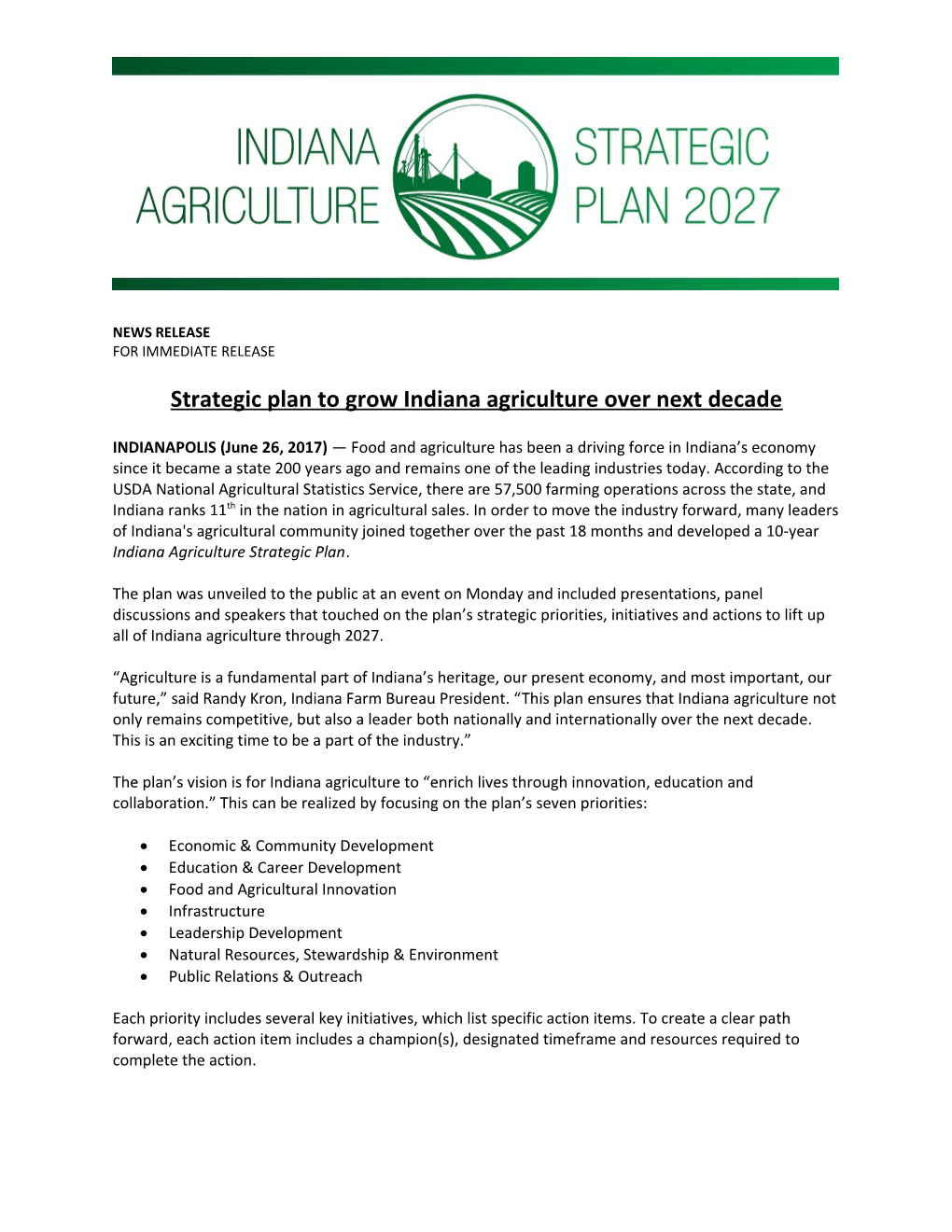 Strategic Plan to Grow Indiana Agriculture Over Next Decade