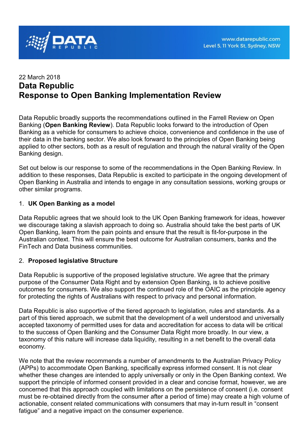 Response to Open Banking Implementation Review