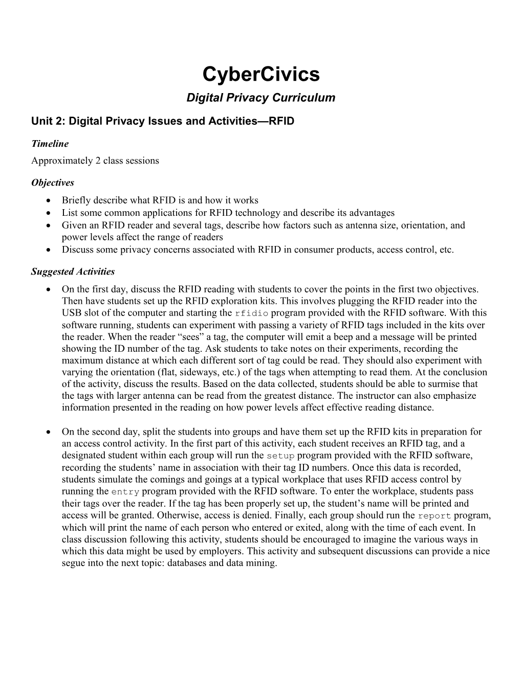 Unit 2: Digital Privacy Issues and Activities RFID