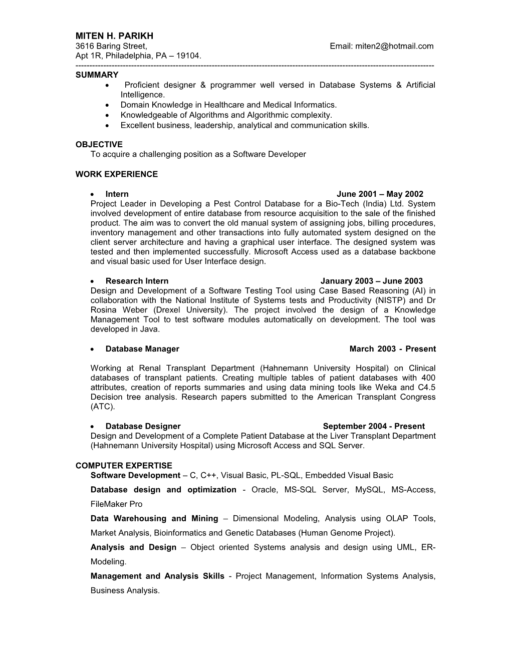 Curriculum Vitae of Miten H