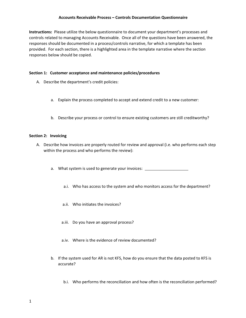 Accounts Receivable Process Controls Documentation Questionnaire