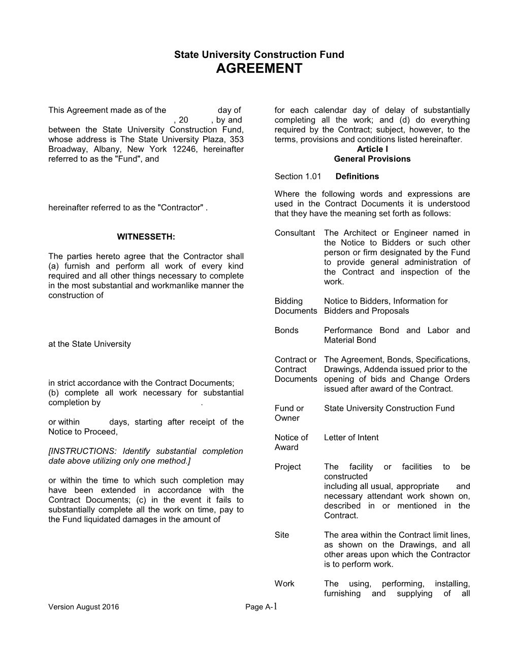 State University Construction Fund - 2016 Construction Agreement