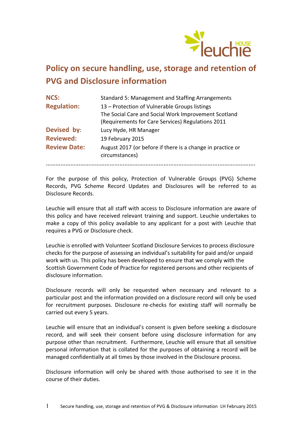 Policy on Secure Handling, Use, Storage and Retention of PVG and Disclosure Information